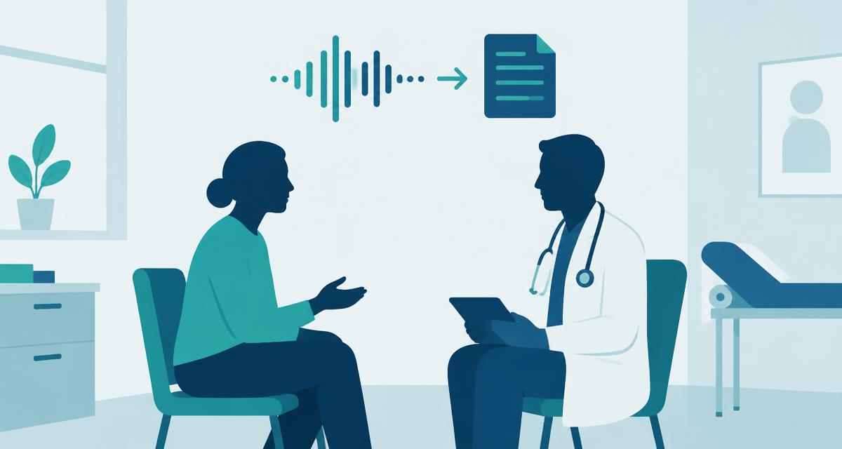Illustration of a clinician and patient in consultation, with speech waves turning into a structured clinical note